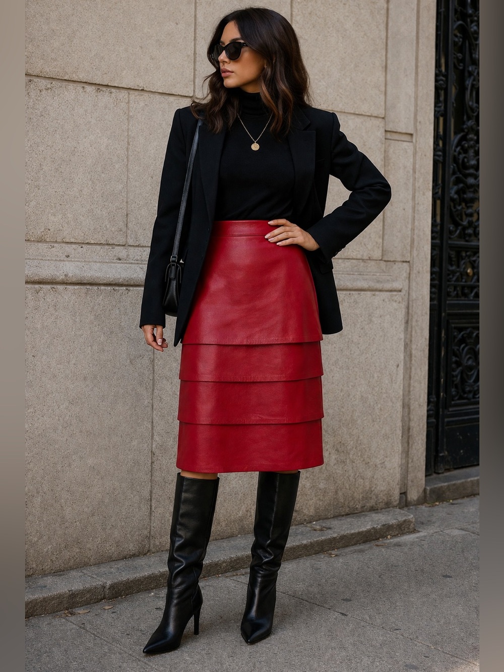 Vintage 80s Red Leather Tiered A-Line Skirt Made in Canada Union Label Size 10 - Picture 1 of 11